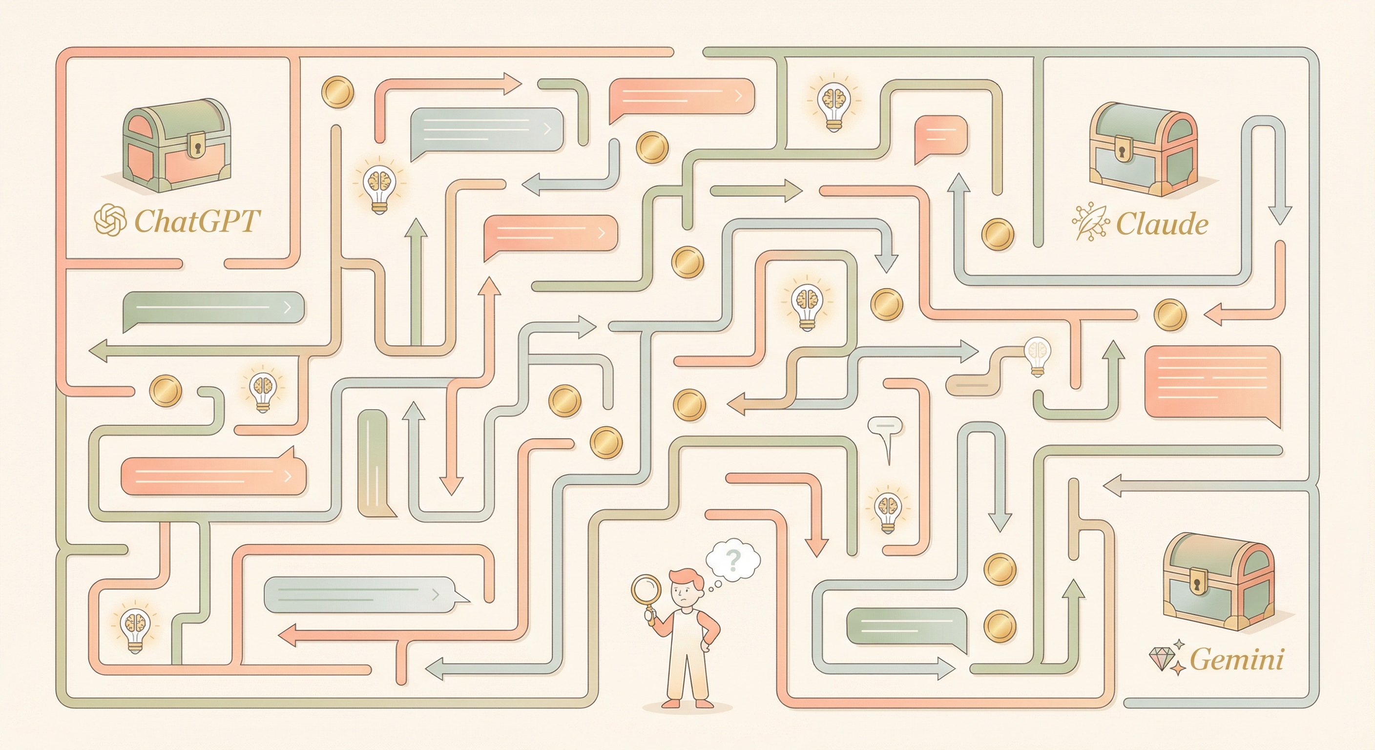 A maze showing scattered AI insights across ChatGPT, Claude, and Gemini – a confused person trying to find valuable knowledge