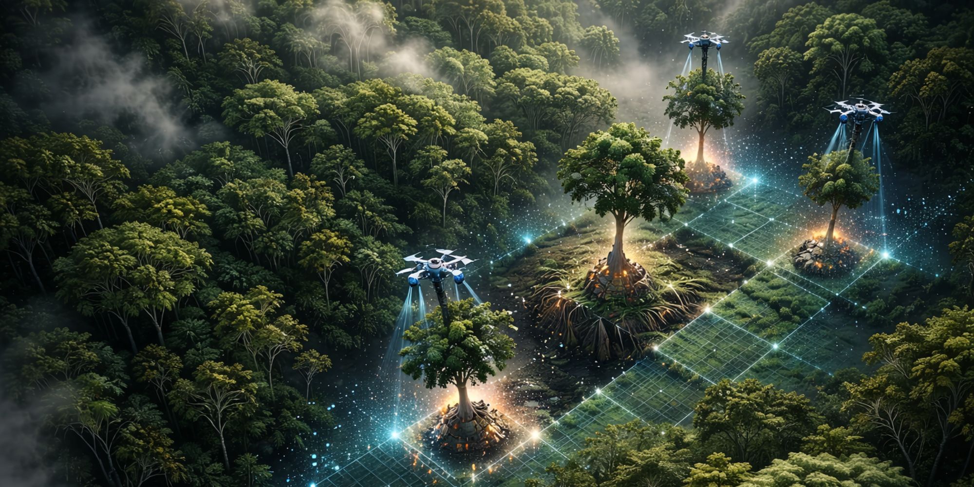 Digital forest with AI tokens dissolving into nature