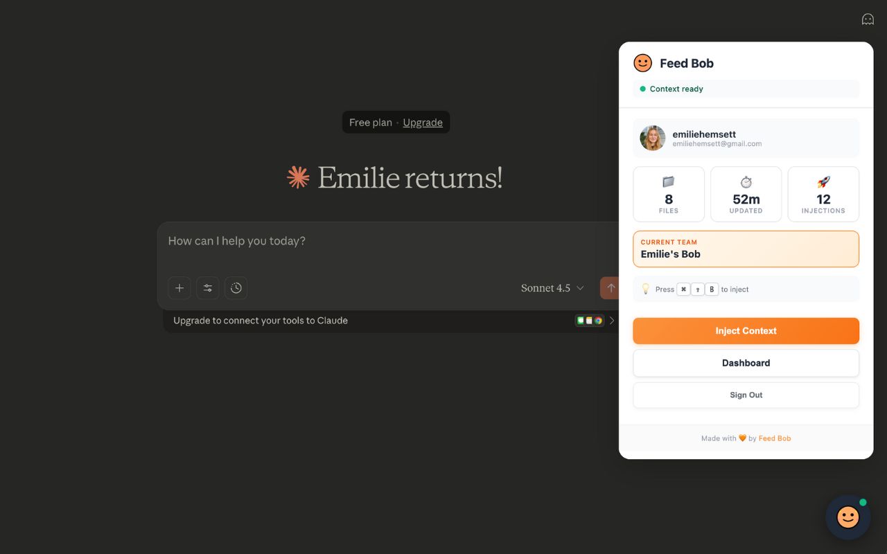 Feed Bob Everywhere extension in action on Claude